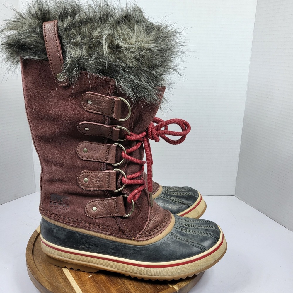 Sorel Joan of Arctic Boots Women 8 Redwood Black Excellent Waterproof Faux Fur